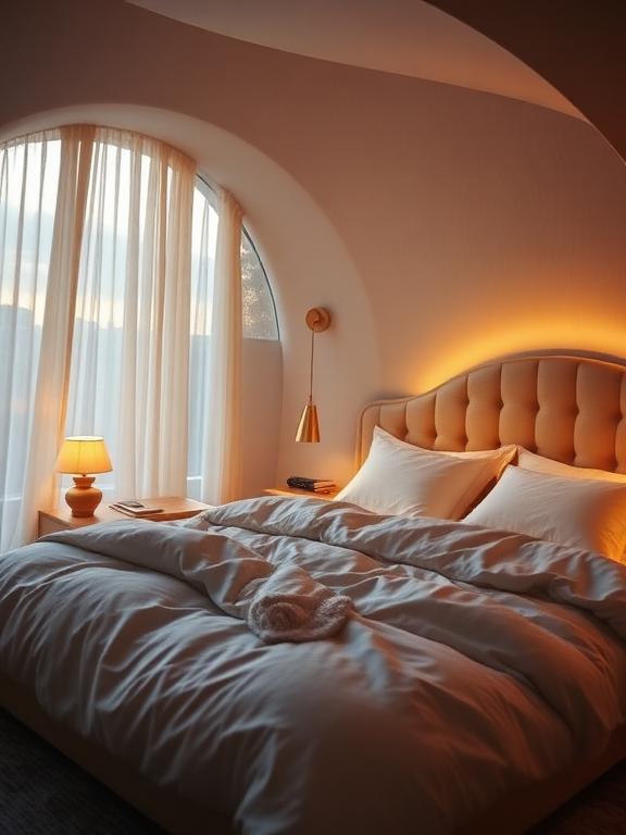 Cozy Japandi bedroom with layered lighting including floor and table lamps, curved sofa, neutral textures, evening sunlight, luxury interior