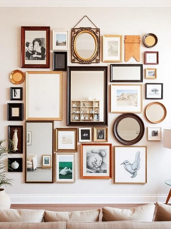 22 Mirror Wall Decor Ideas for Living Room Gallery wall of mixed mirrors with different shapes and frames, creating an artistic focal point in living room.