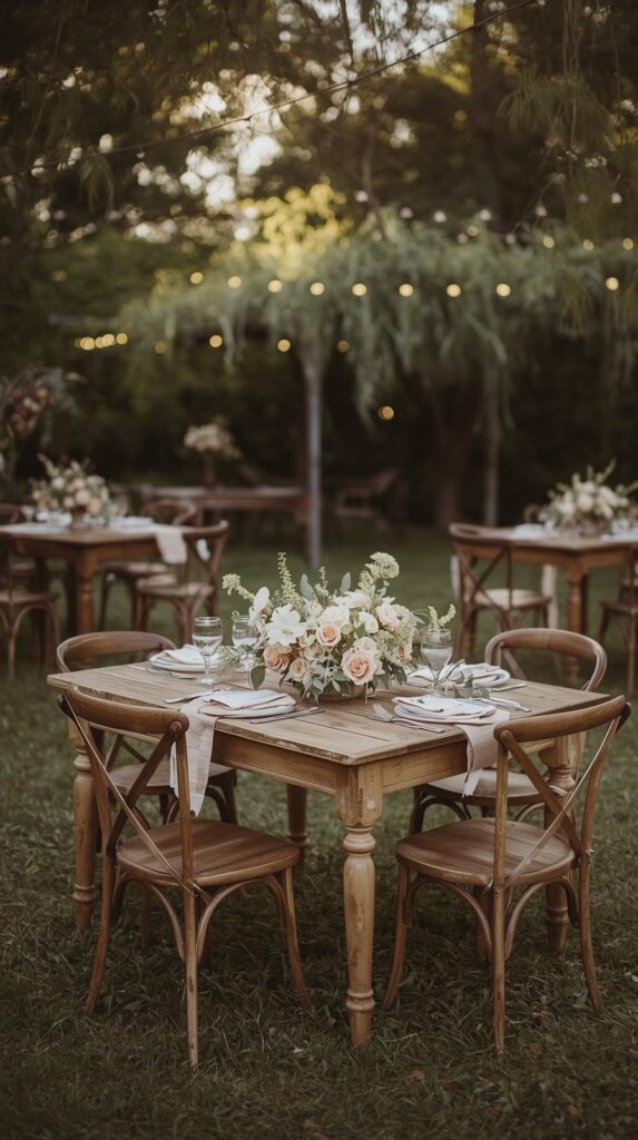 backyard wedding with vintage chairs, wooden tables, soft floral arrangements, intimate romantic outdoor setting
