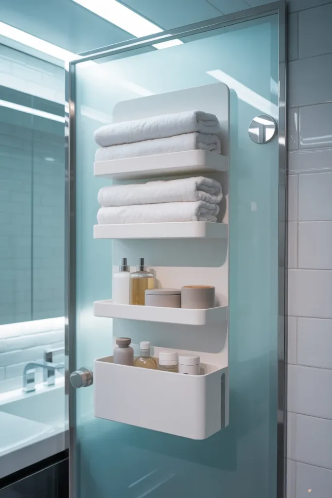 White over-the-door organizer in a modern bathroom holding neatly folded towels and toiletries, bright and tidy setup.