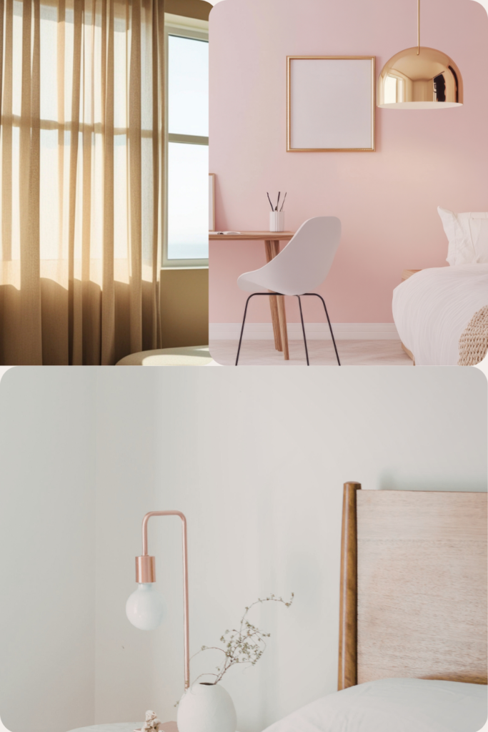 Boho bedroom with sheer canopy curtains, soft bedding, dreamy lighting