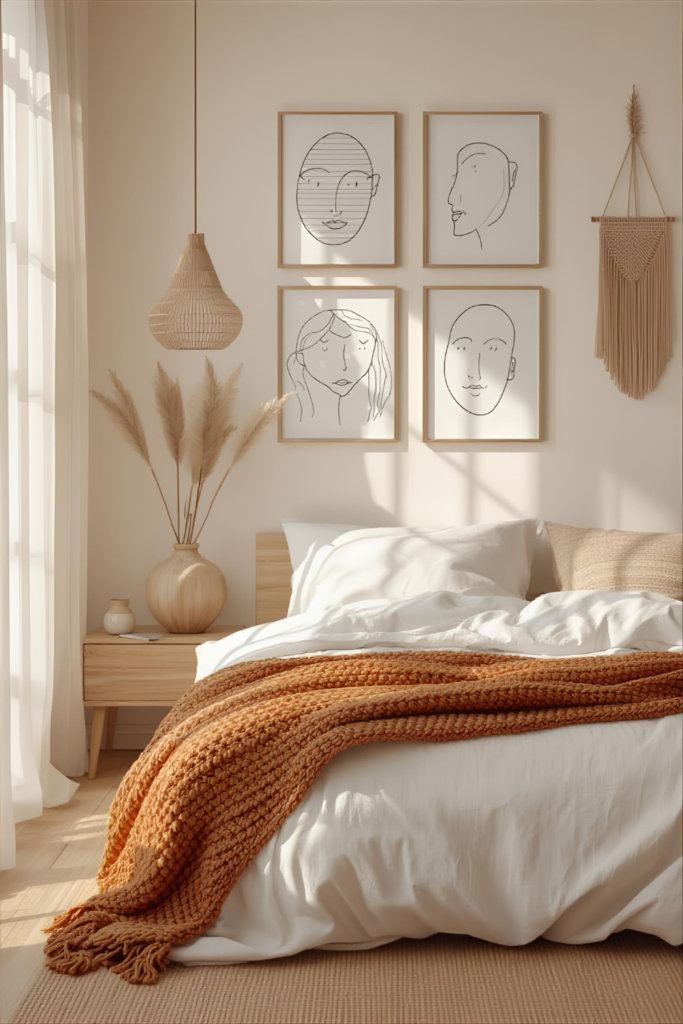 Boho bedroom with mixed textures, layered decor, natural material