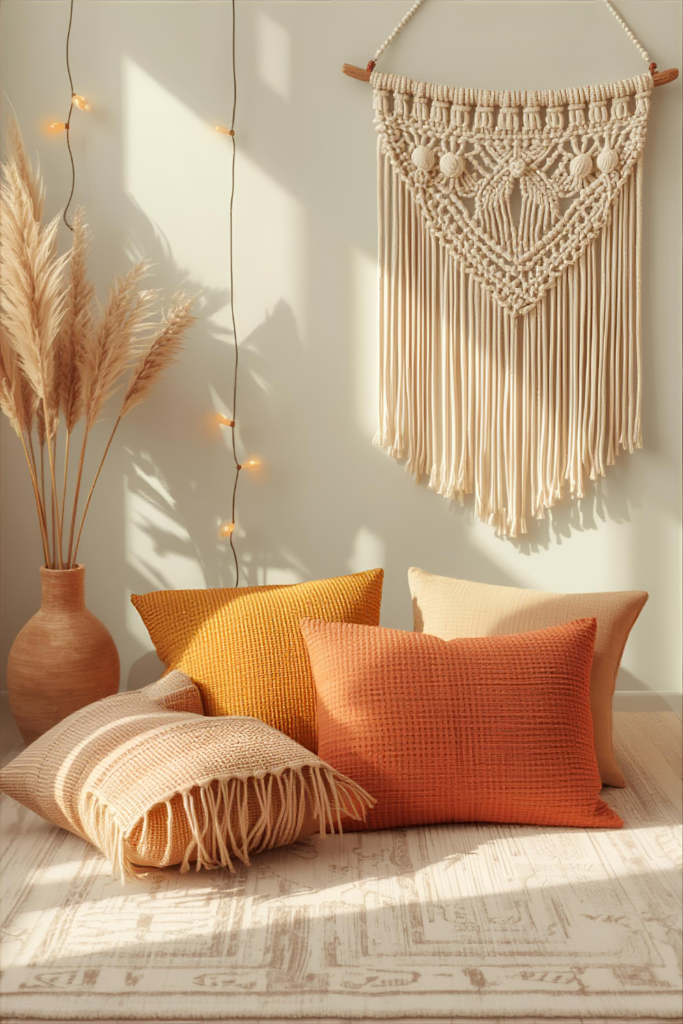 Boho bedroom with floor cushions, cozy decor, relaxed style