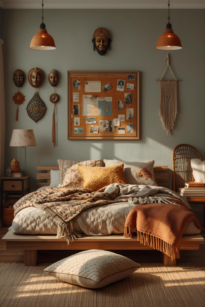 Personalized boho bedroom with travel decor, cozy textures, warm lighting