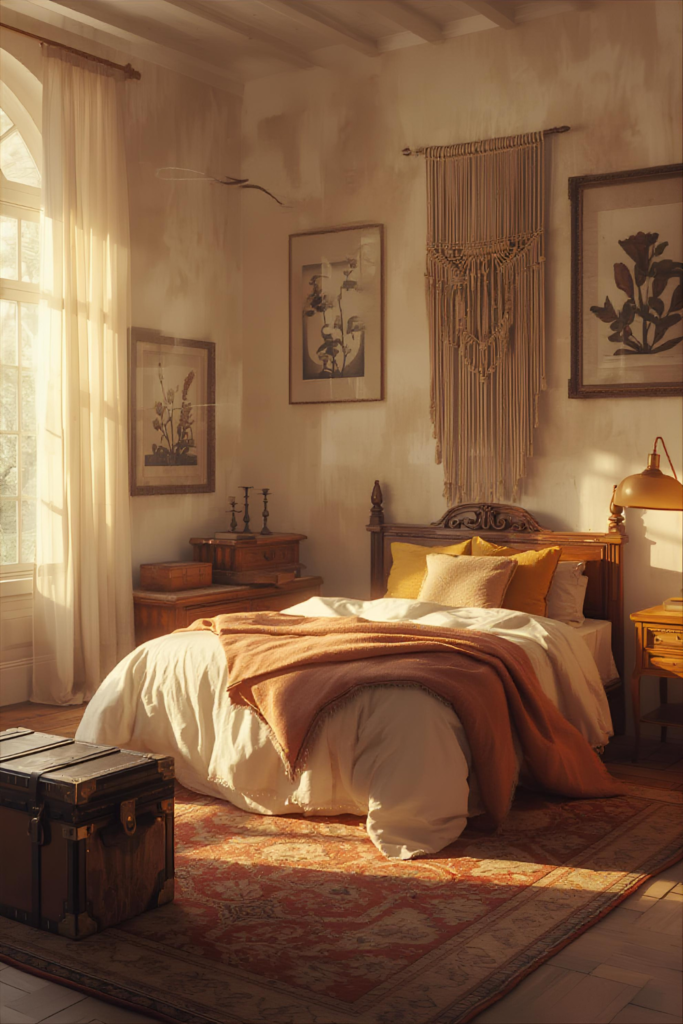  Vintage boho bedroom with antique decor, warm tones, cozy atmosphere