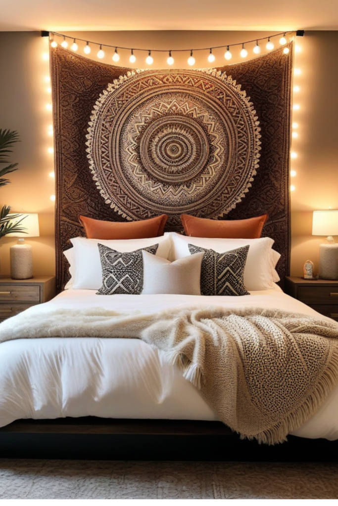 Boho bedroom with statement headboard, chic decor, warm lighting