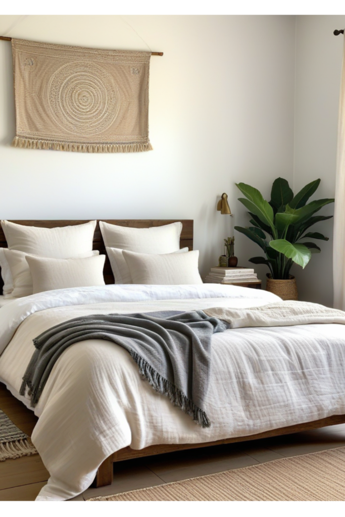 Boho bedroom with linen bedding, neutral colors, relaxed vibe