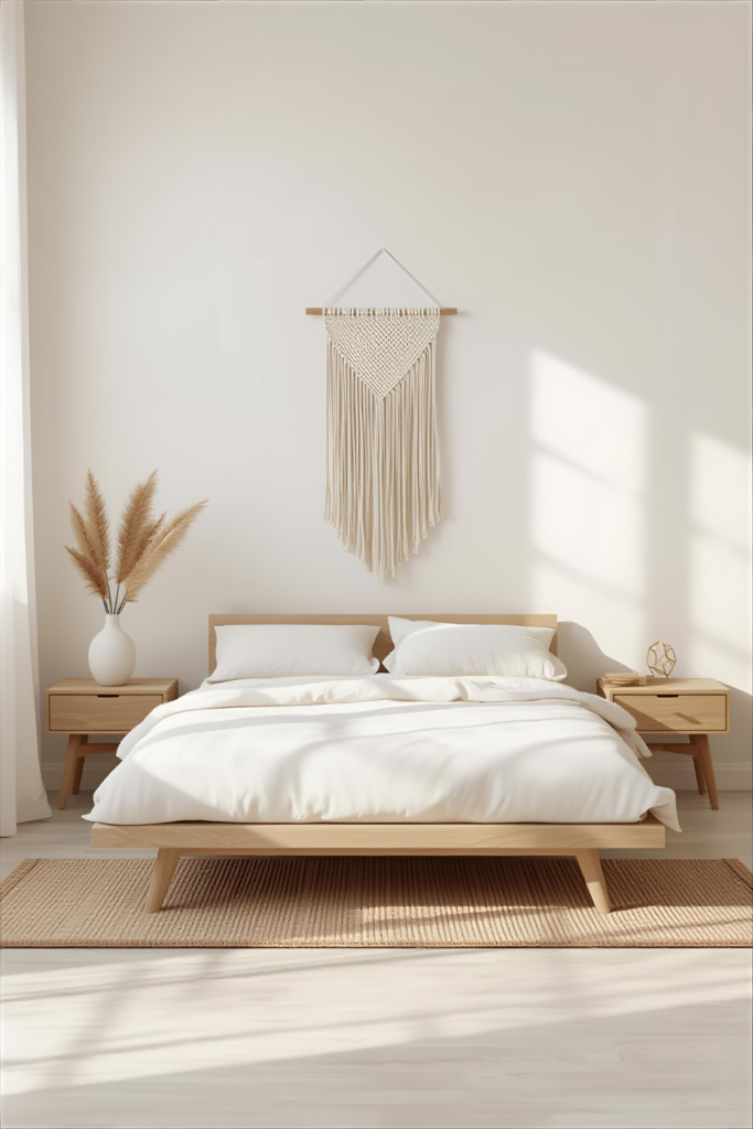 minimalist boho bedroom, simple decor, neutral colors, clean aesthetic