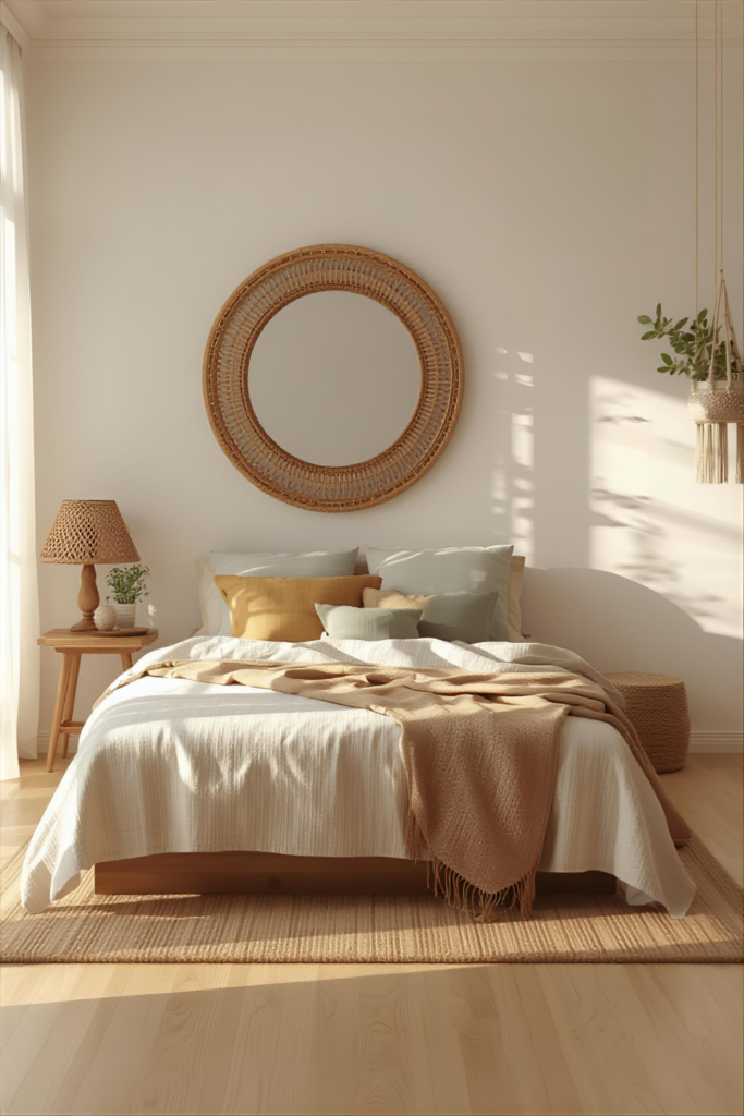 Boho bedroom with rattan mirror, bright natural light, chic decor