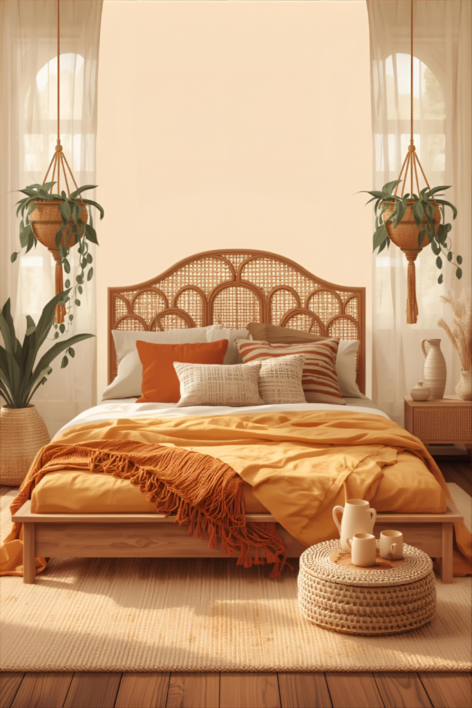 Boho bedroom with mixed textures, layered decor, natural materials