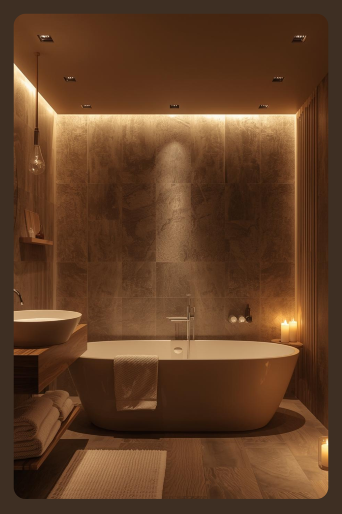 23 Bathroom Lighting Tips to Make Your Space Glow Bathroom with dimmer-controlled ceiling lights, warm cozy atmosphere, modern design”