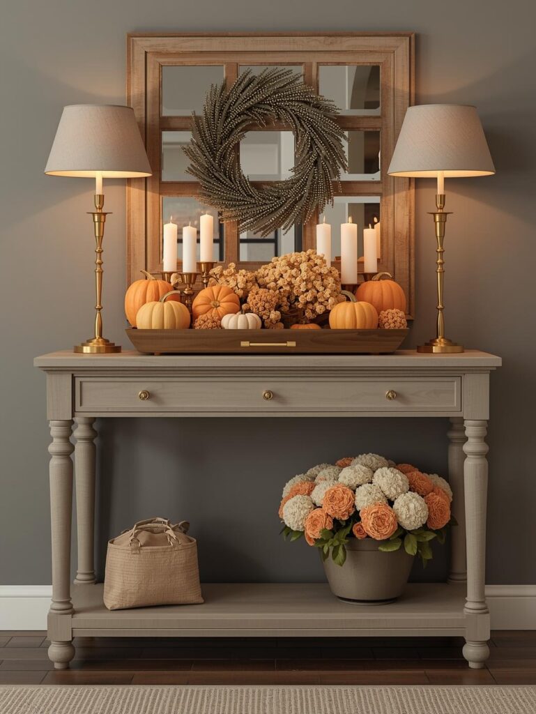 seasonal entryway decor setup, neutral console table, fall pumpkins and candles or spring florals, soft cozy lighting, styled tray decor, high quality home decor image