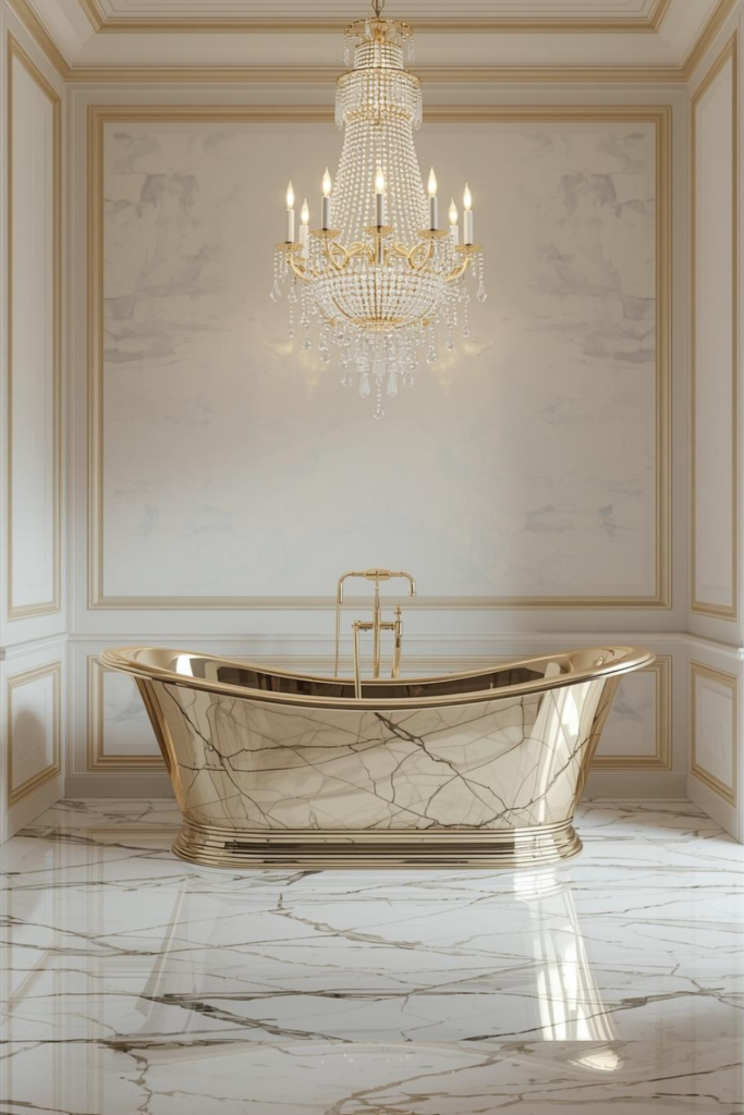 23 Bathroom Lighting Tips to Make Your Space Glow Luxury bathroom with small crystal chandelier above freestanding bathtub, marble floor”