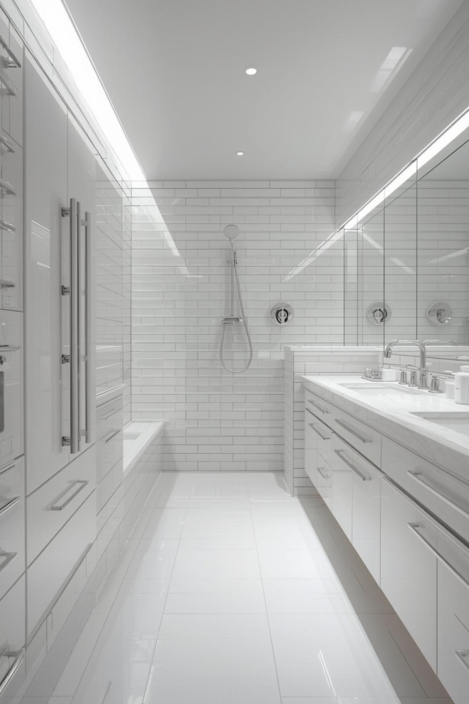 23 Bathroom Lighting Tips to Make Your Space Glow Bathroom with reflective subway tiles, chrome fixtures, glossy surfaces, bright lighting