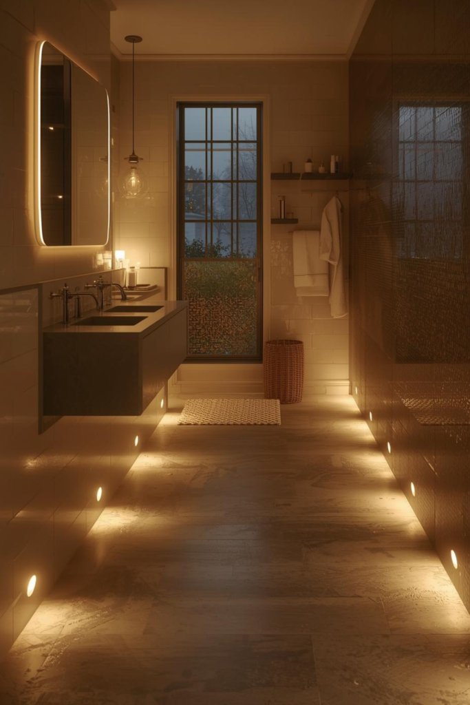 23 Bathroom Lighting Tips to Make Your Space Glow Bathroom with soft LED night guide lights along floor, cozy nighttime ambiance