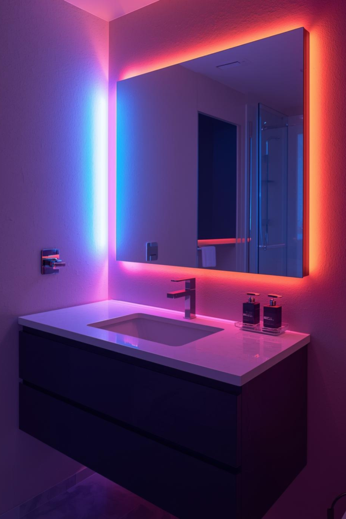 23 Bathroom Lighting Tips to Make Your Space Glow Modern bathroom with RGB LED accent lighting, colorful glow behind mirror”