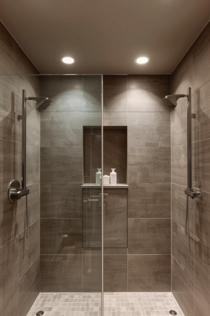 23 Bathroom Lighting Tips to Make Your Space Glow Shower area with recessed ceiling light, bright functional lighting, sleek tiles”