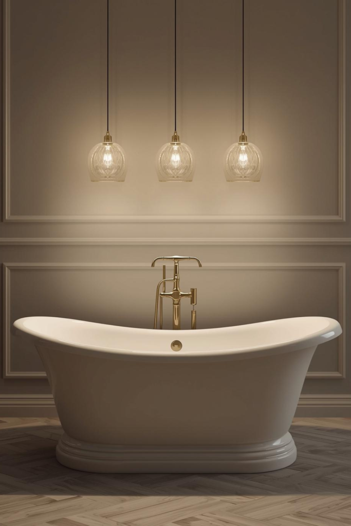 23 Bathroom Lighting Tips to Make Your Space Glow Freestanding bathtub with pendant lights above, soft warm illumination, elegant design