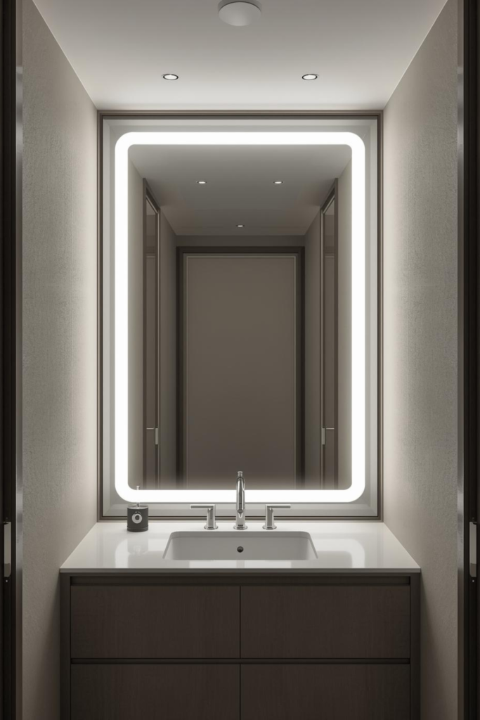 23 Bathroom Lighting Tips to Make Your Space Glow Bathroom mirror with motion sensor LED lights, modern sleek style, soft glow”