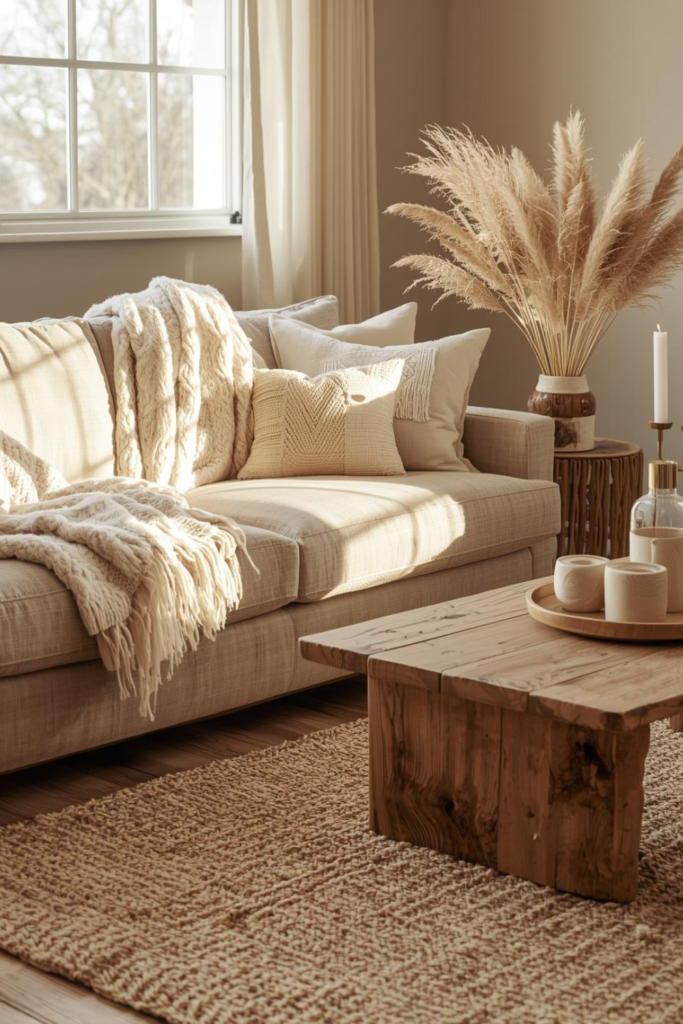 23 Cozy Living Room Ideas for a Warm & Inviting Space Cozy living room with layered natural textures, linen sofa, wool throw blankets, jute rug, reclaimed wood coffee table, soft beige and cream tones, warm ambient lighting, organic minimalist decor, natural daylight, inviting and relaxed atmosphere, 2026 cozy interior style.