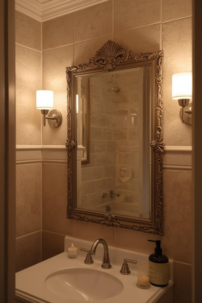 23 Bathroom Lighting Tips to Make Your Space Glow “Bathroom with waterproof wall sconces, beige tiles, elegant mirror, cozy atmosphere”