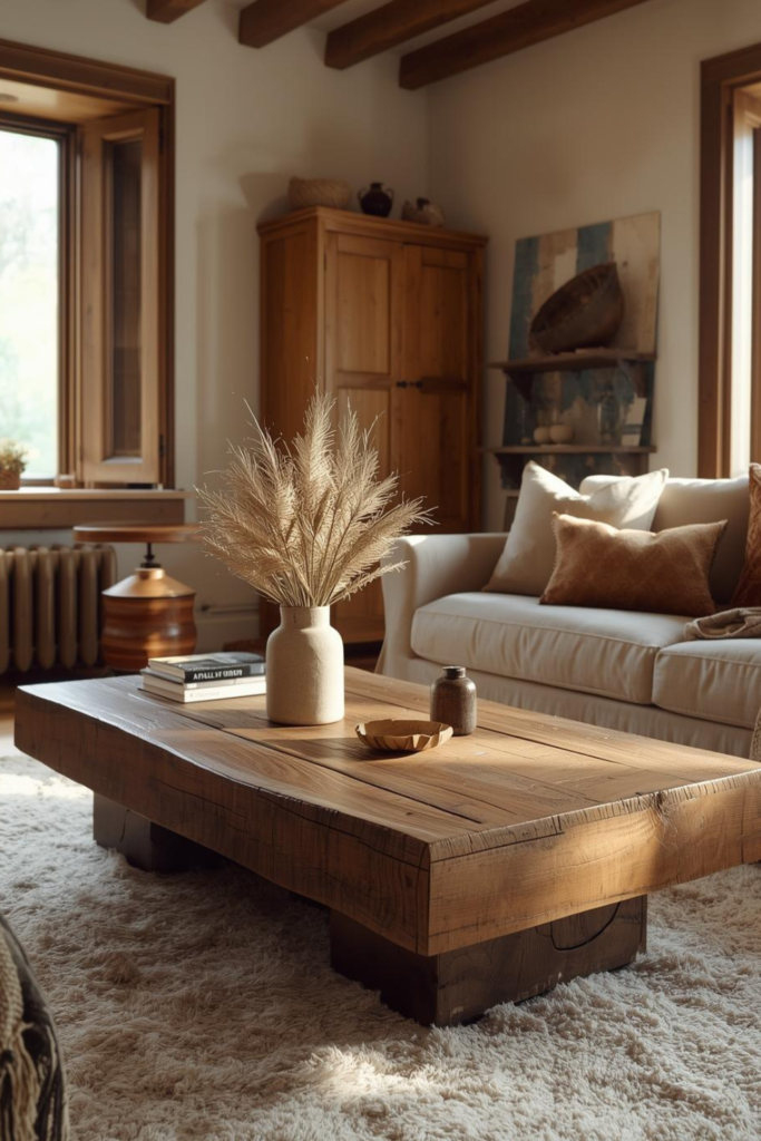23 Cozy Living Room Ideas for a Warm & Inviting Space Rustic cozy living room featuring reclaimed wood coffee table, neutral sofa, wool rug, ceramic decor, warm lighting