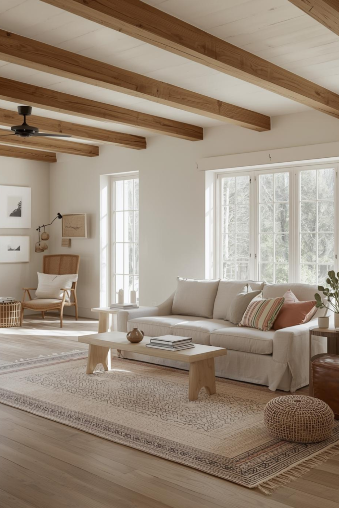 23 Cozy Living Room Ideas for a Warm & Inviting Space Cozy living room with exposed wooden ceiling beams, neutral decor, linen sofa, warm natural textures
