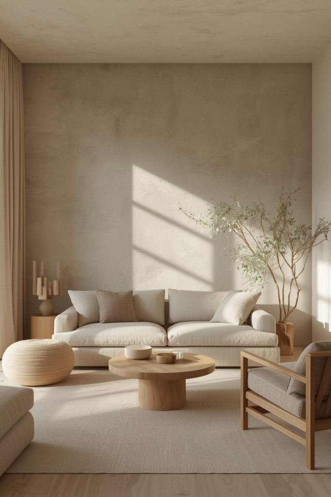 23 Cozy Living Room Ideas for a Warm & Inviting Space Minimal cozy living room with plaster-textured walls, linen seating, wooden furniture, neutral tones, soft natural light, organic modern interior.