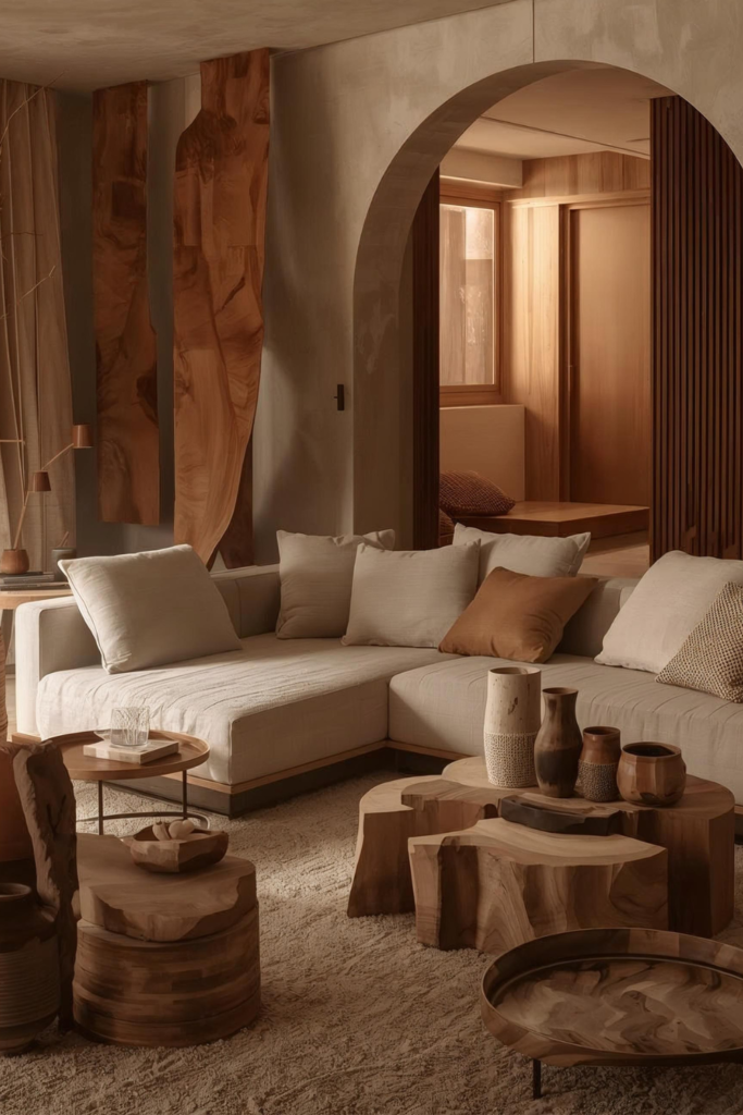 23 Cozy Living Room Ideas for a Warm & Inviting Space Cozy living room with ceramic vases, neutral sofa, wooden furniture, soft textures