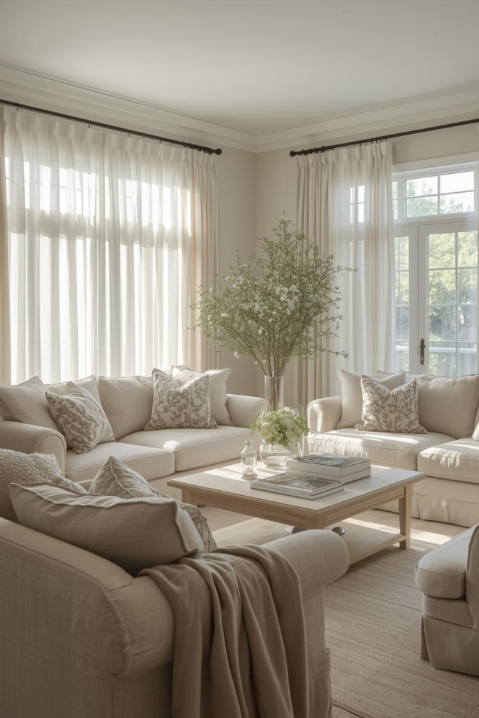 23 Cozy Living Room Ideas for a Warm & Inviting Space Bright cozy living room with sheer linen curtains, natural sunlight, neutral furniture, soft textures, warm and airy atmosphere.