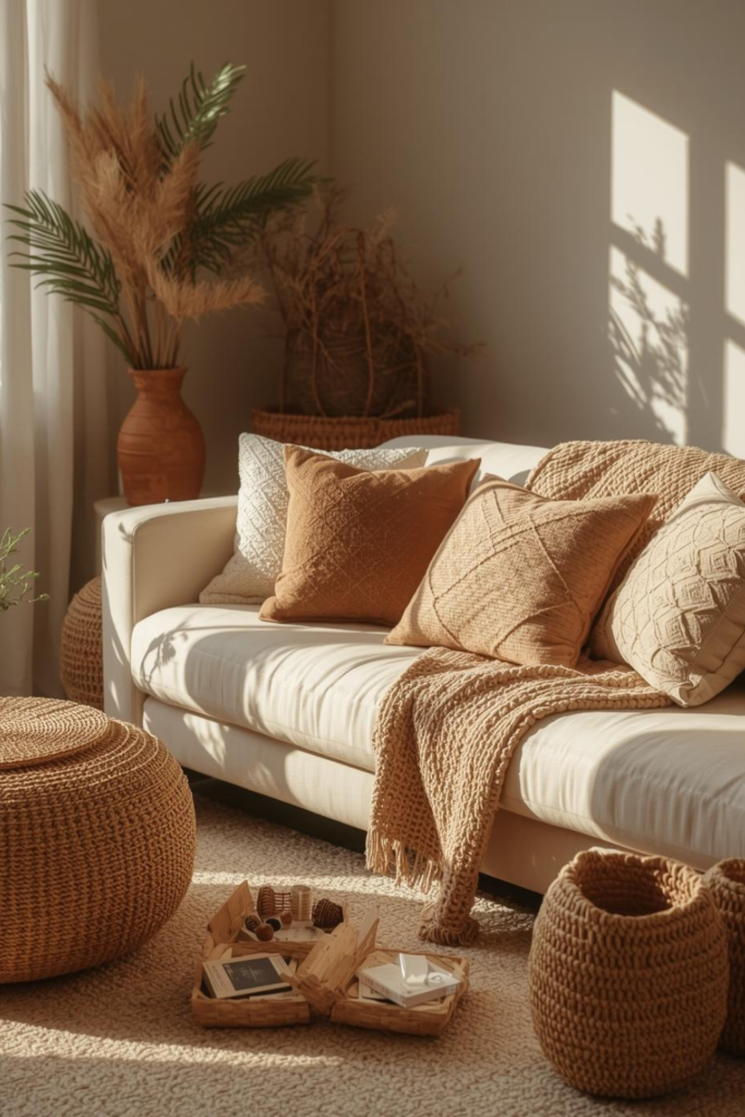 23 Cozy Living Room Ideas for a Warm & Inviting Space Cozy living room with earthy accessories, woven baskets