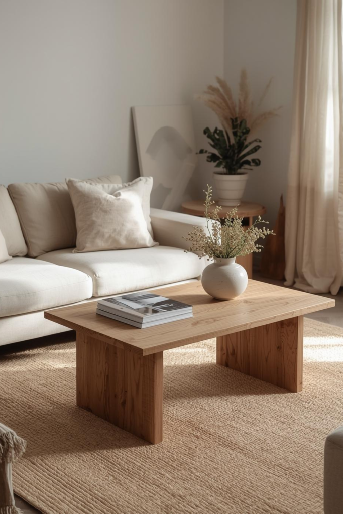 23 Cozy Living Room Ideas for a Warm & Inviting Space Cozy living room with solid wood coffee table, linen sofa, jute rug, neutral decor, warm lighting, minimalist natural design.