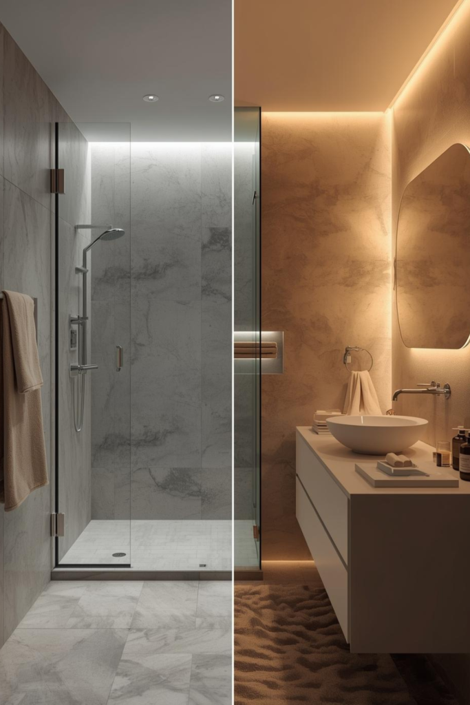 23 Bathroom Lighting Tips to Make Your Space Glow Close-up of LED light fixture in bathroom, bright natural light, sleek modern design”