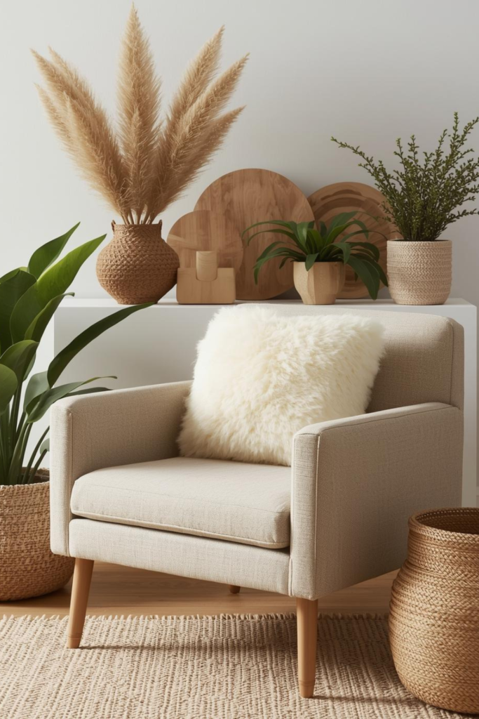 23 Cozy Living Room Ideas for a Warm & Inviting Space Cozy living room with linen accent chair, wool cushion, natural decor