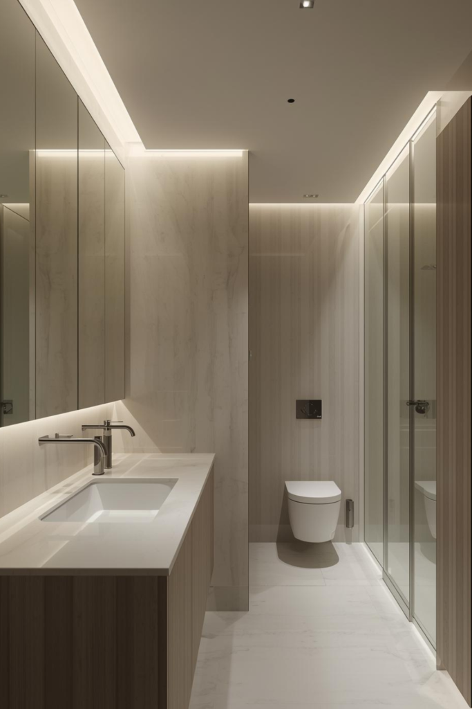23 Bathroom Lighting Tips to Make Your Space Glow Bathroom with ceiling cove lighting, soft indirect glow, modern décor, neutral colors
