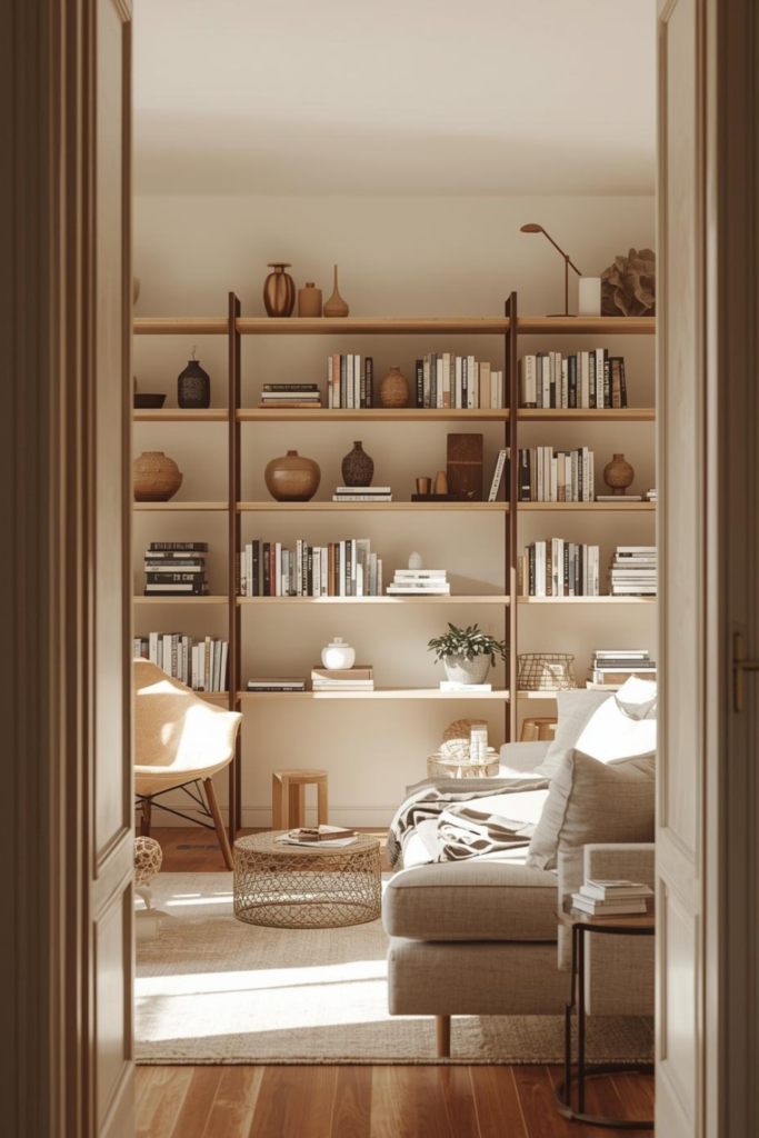 23 Cozy Living Room Ideas for a Warm & Inviting Space Cozy living room with wooden shelves, minimal decor, neutral tones