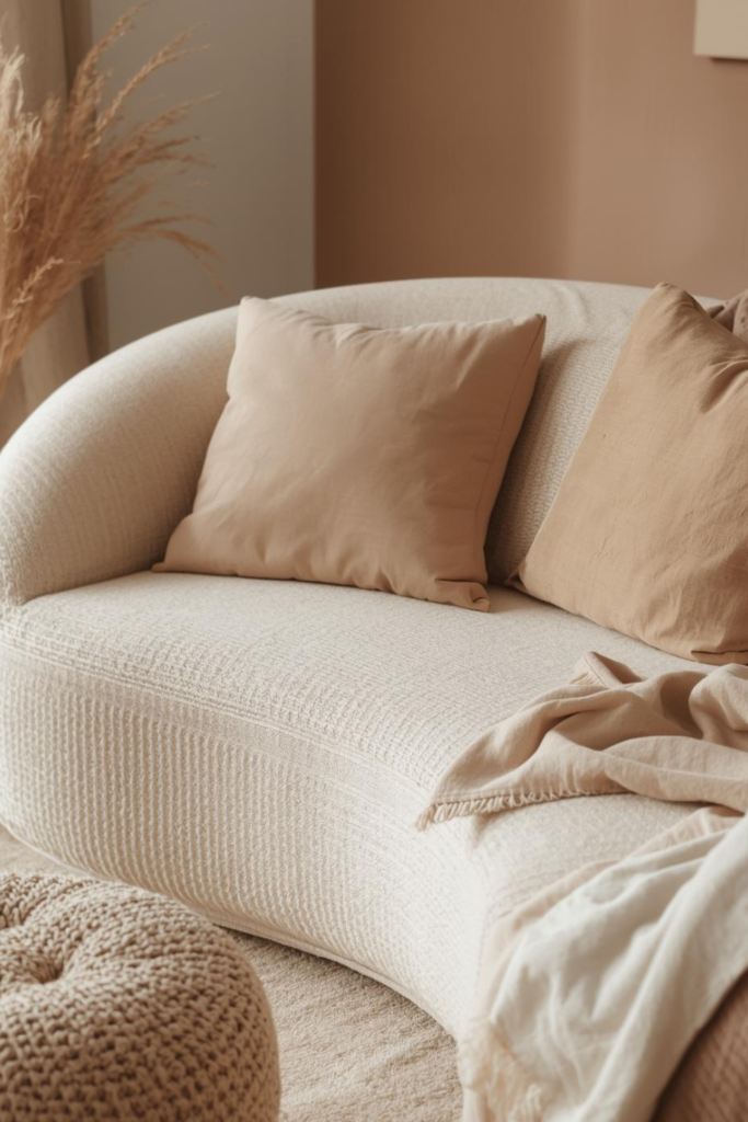 23 Cozy Living Room Ideas for a Warm & Inviting Space Cozy living room with rounded sofa, soft textures, neutral palette