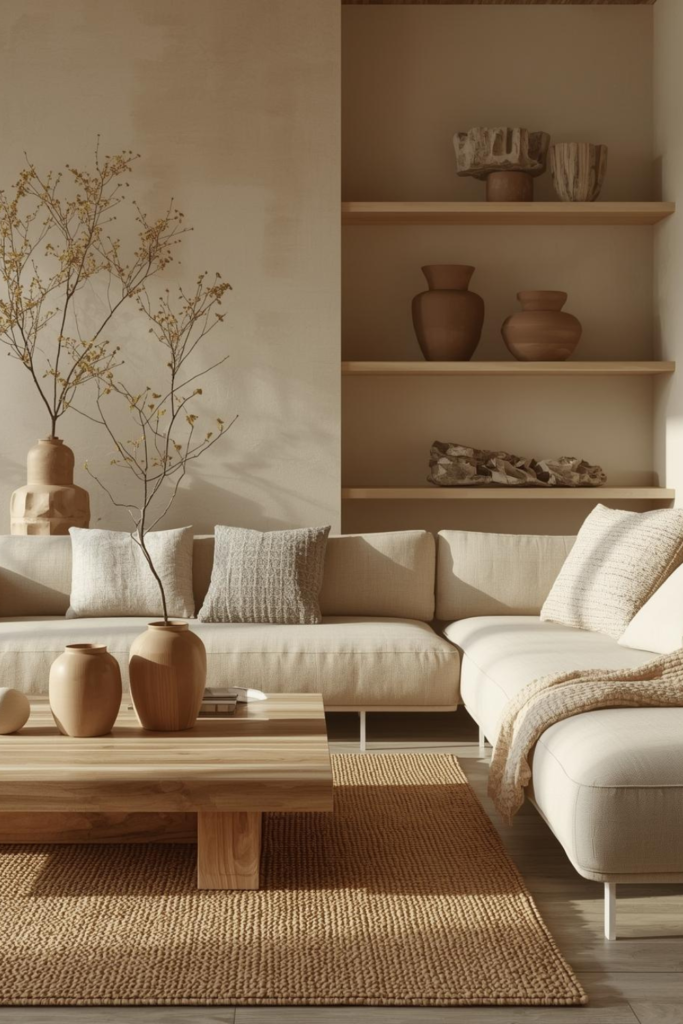 23 Cozy Living Room Ideas for a Warm & Inviting Space "Cozy living room with stone and clay decor, featuring handmade vases, ceramic bowls, a wooden coffee table, linen sofa with textured cushions, wool throw, and natural earthy tones, creating a warm and organic atmosphere."