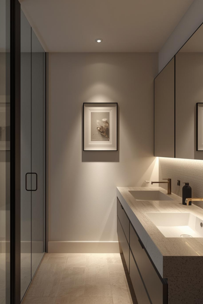 23 Bathroom Lighting Tips to Make Your Space Glow Bathroom with small accent spotlight on framed artwork, ambient lighting, modern décor