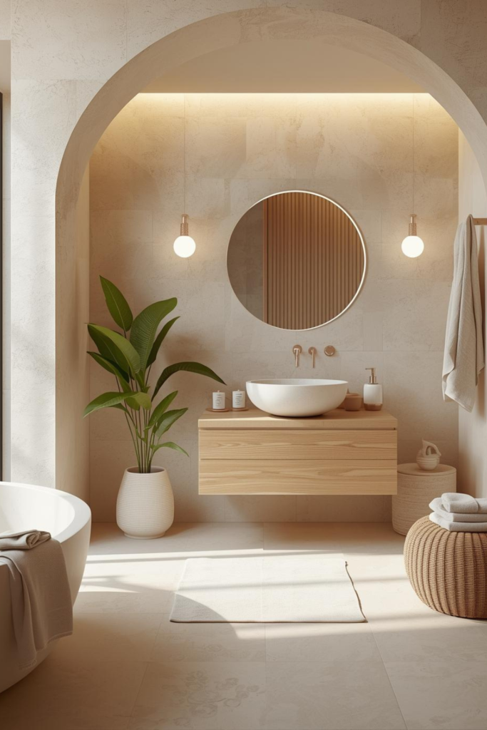21 Bathroom Inspiration Ideas for a Dreamy Refresh Soft spa bathroom with wooden vanity, stone sink, linen towels, neutral tones, natural light, modern organic style