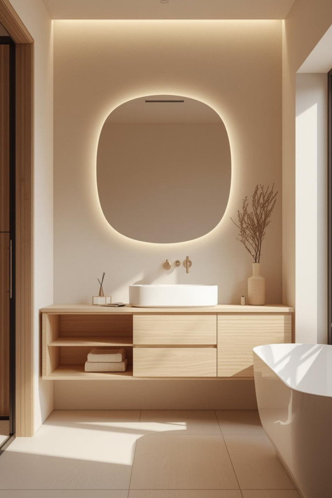 21 Bathroom Inspiration Ideas for a Dreamy Refresh Modern minimalist bathroom vanity, floating design, soft lighting, neutral color palette