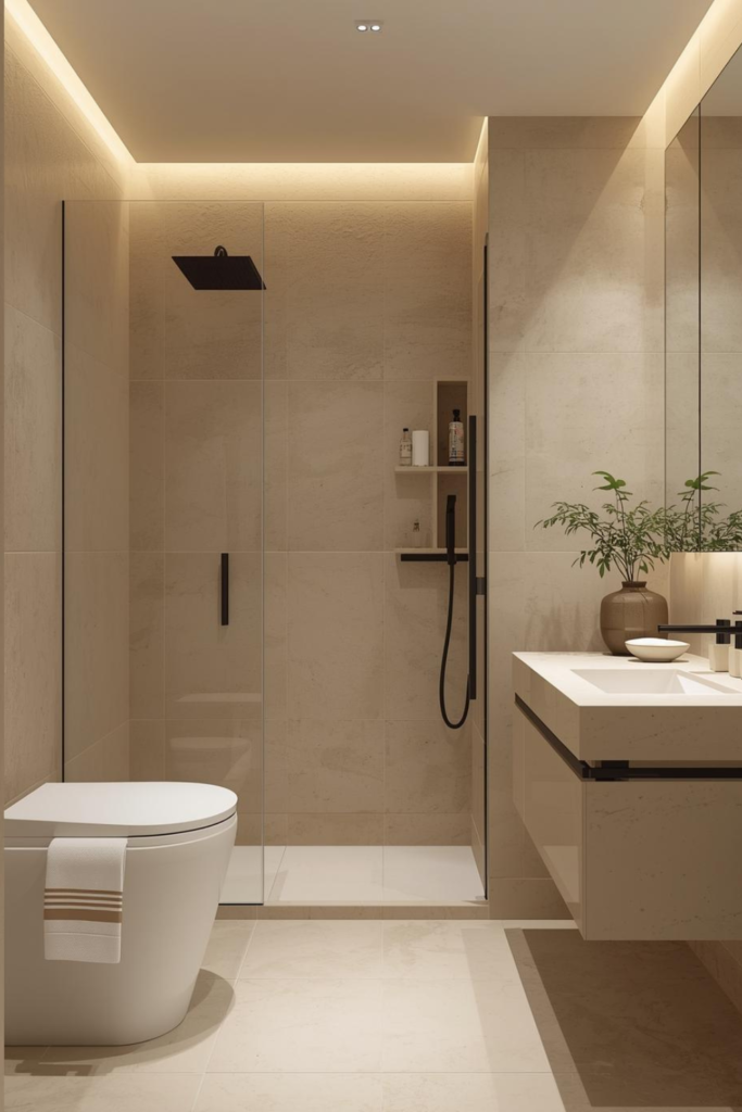 21 Bathroom Inspiration Ideas for a Dreamy Refresh Neutral bathroom with beige tiles, warm lighting, minimalist decor, spa-inspired aesthetic