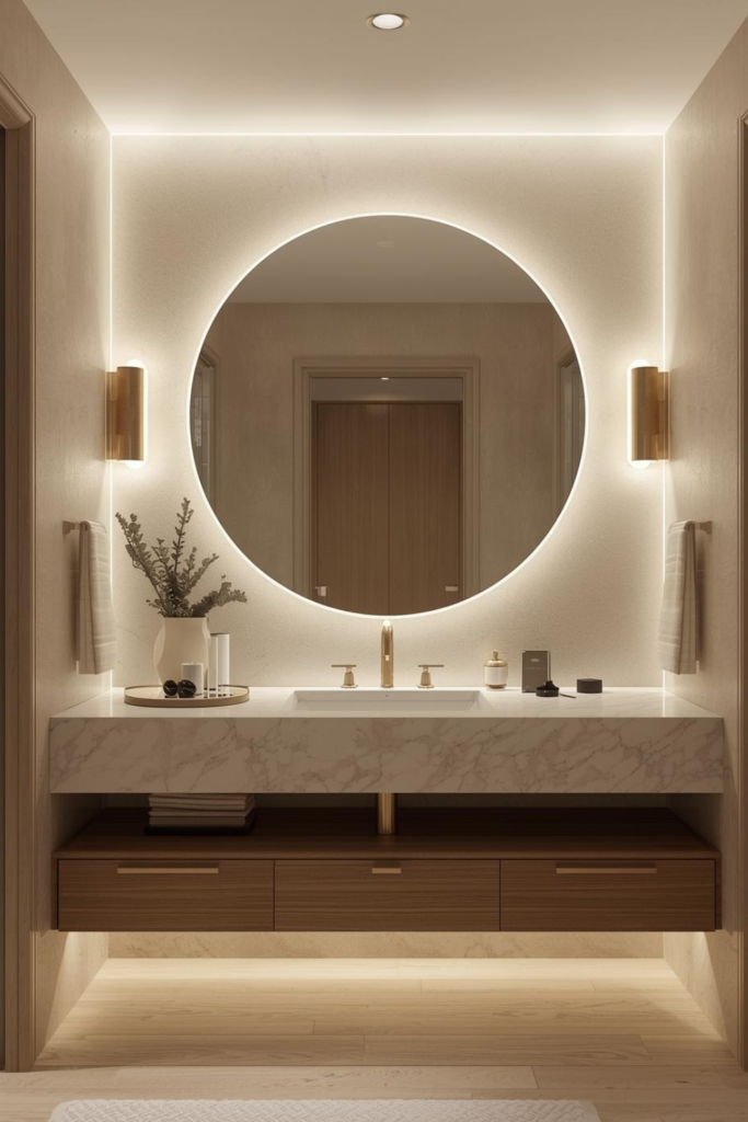 21 Bathroom Inspiration Ideas for a Dreamy Refresh Bathroom with large round mirror, soft lighting, modern elegant decor