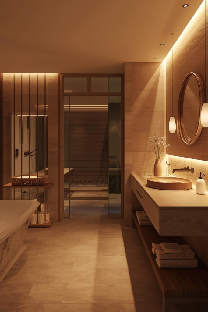 21 Bathroom Inspiration Ideas for a Dreamy Refresh Bathroom with warm ambient lighting, soft glow, spa-inspired interior