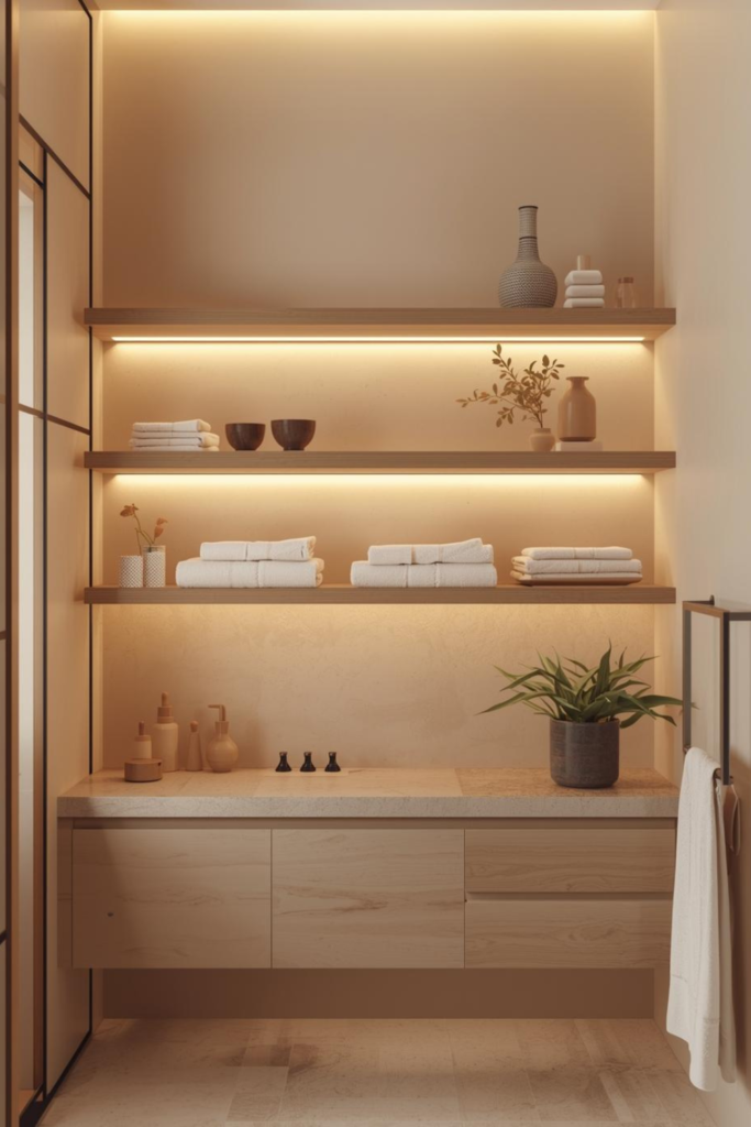 21 Bathroom Inspiration Ideas for a Dreamy Refresh Bathroom with floating wooden shelves, neutral decor, soft natural light