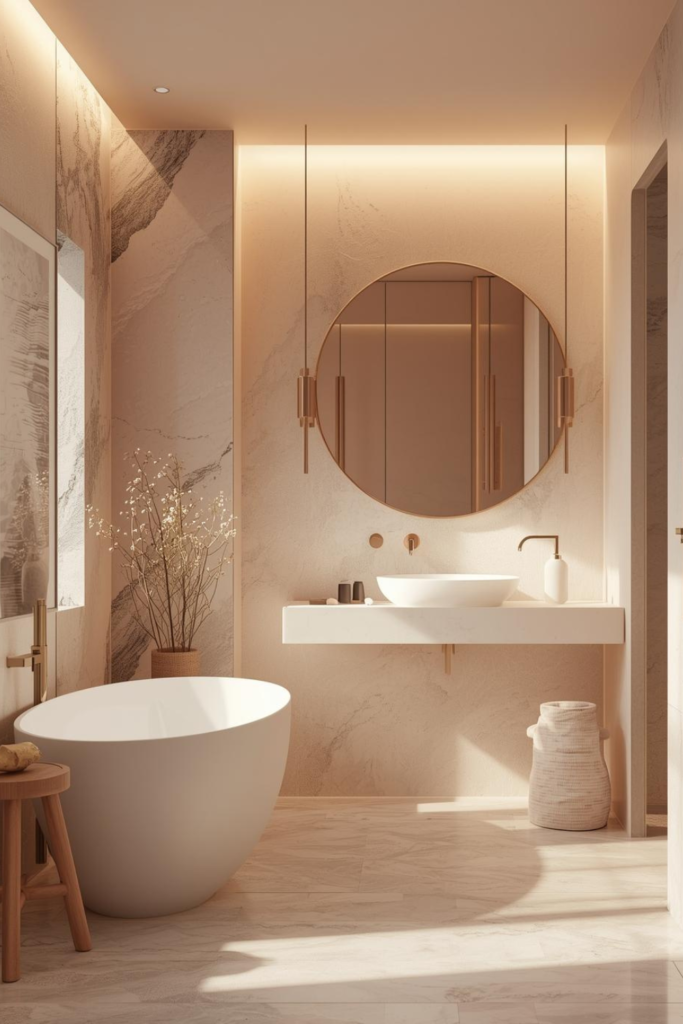 21 Bathroom Inspiration Ideas for a Dreamy Refresh Elegant bathroom with marble accents, neutral tones, modern spa look