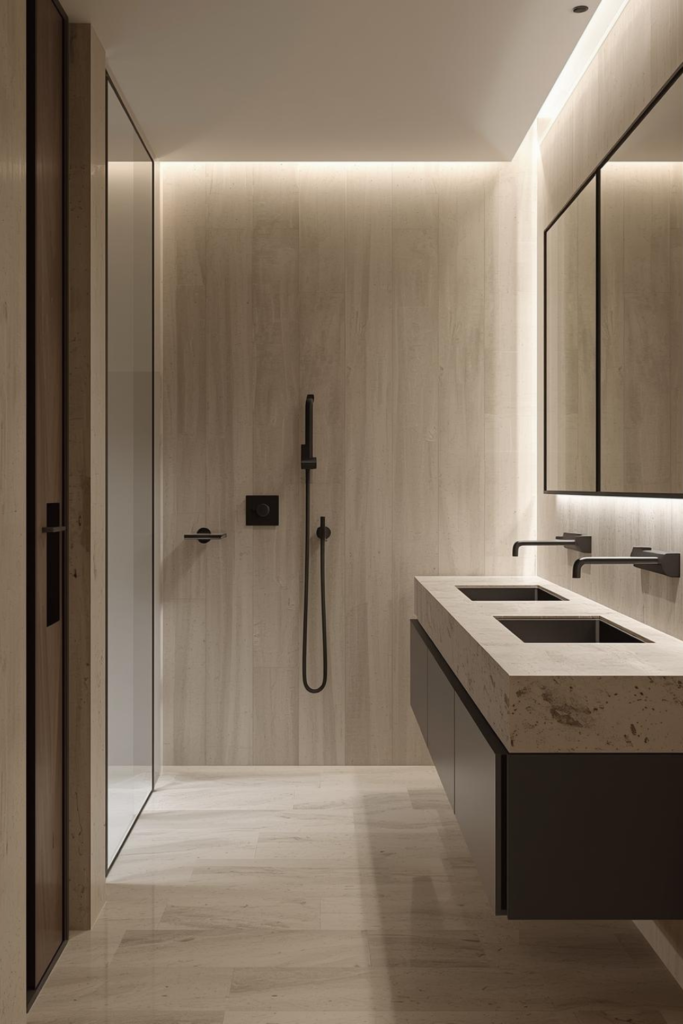 21 Bathroom Inspiration Ideas for a Dreamy Refresh Modern bathroom with matte black fixtures, neutral tones