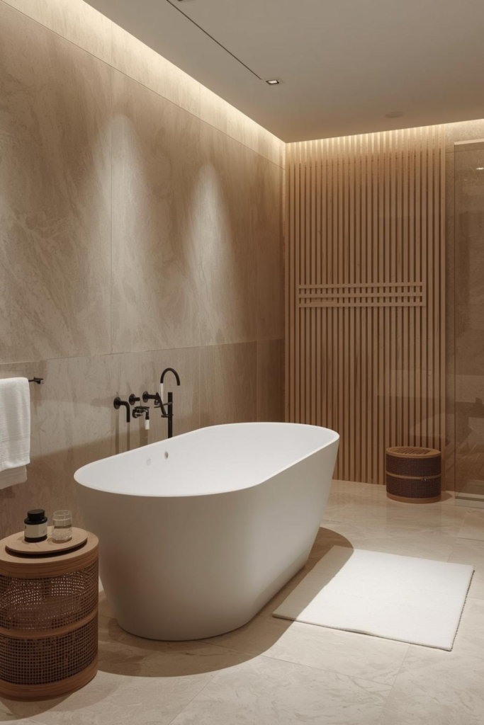 21 Bathroom Inspiration Ideas for a Dreamy Refresh Luxury bathroom with freestanding bathtub, neutral spa style