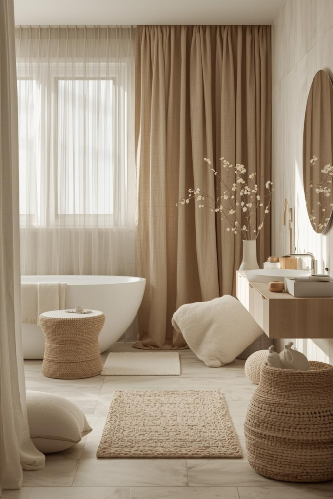 21 Bathroom Inspiration Ideas for a Dreamy Refresh Bathroom with linen textiles, cozy neutral decor