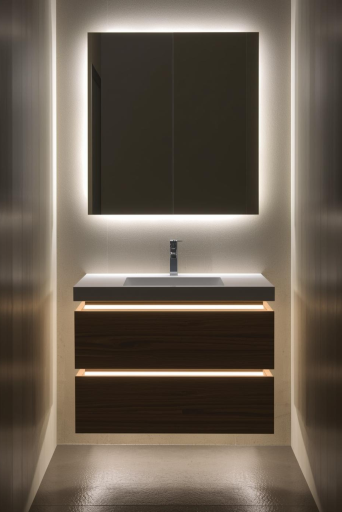 23 Bathroom Lighting Tips to Make Your Space Glow Modern bathroom vanity with under-cabinet LED strip lighting, ambient soft glow”